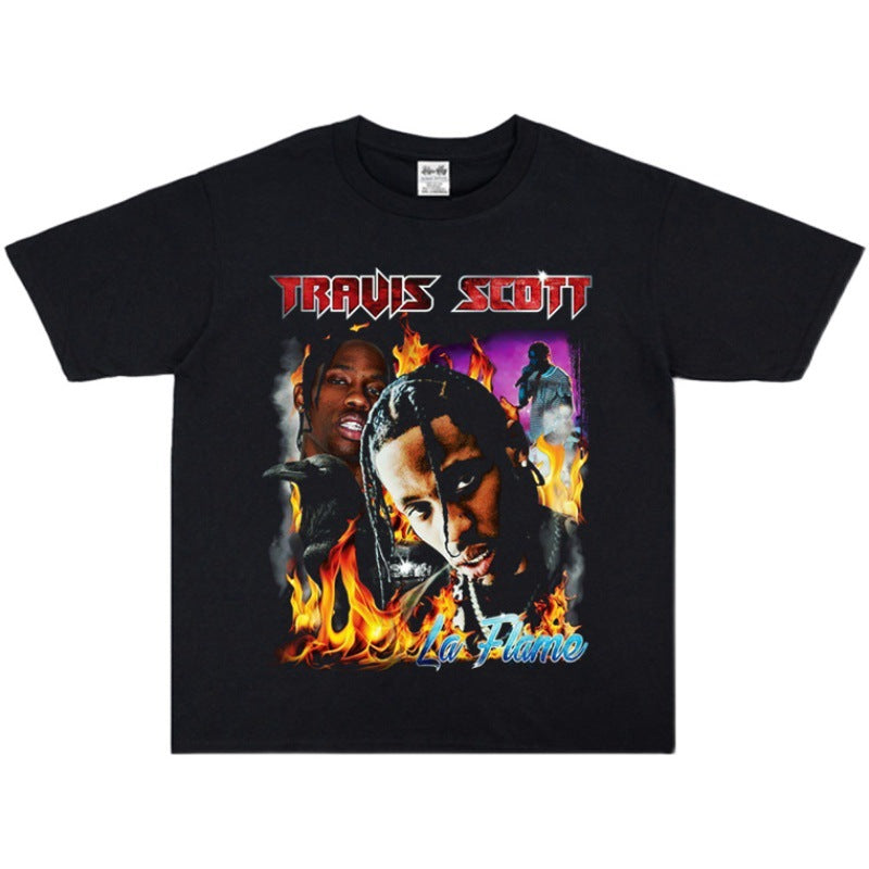Rock Star T Shirt Rapper Travis Scott Loose-Fitting Pure Cotton T-shirt Men and Women