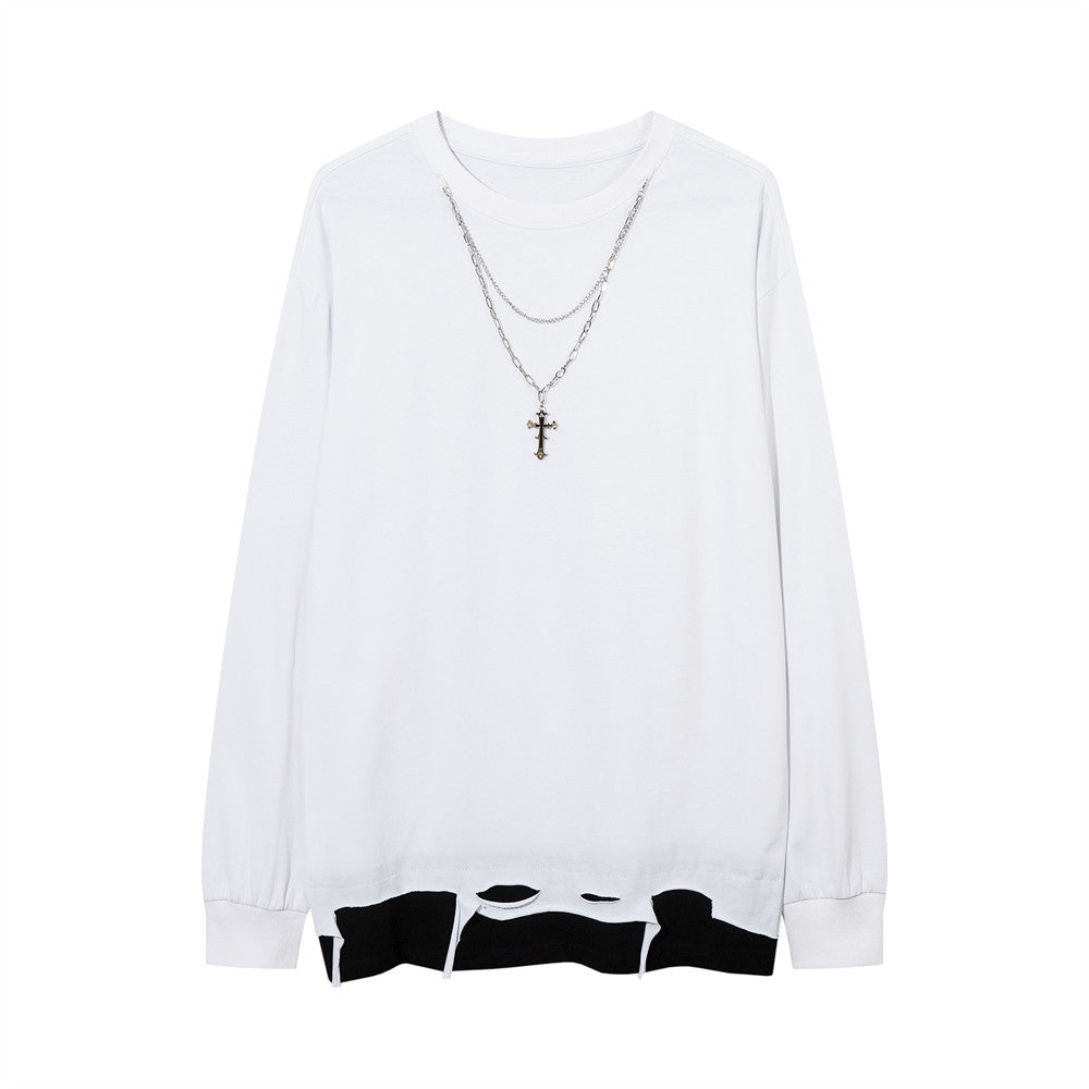 Men Long Sleeve T-Shirt Cut Broken Stitching Fake Two-Piece Personalized Necklace