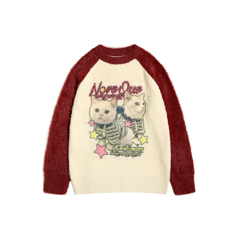 Women Sweater Color Matching Couple Sweater Retro Vibe Loose All-Match