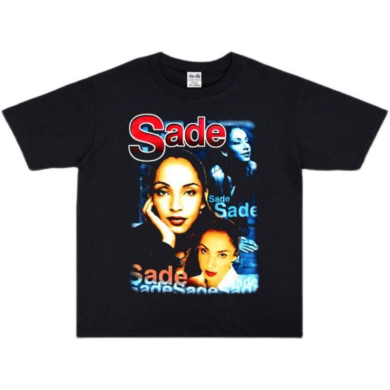 Rock Star T Shirt Nigeria Female Singer Sade Printing Crew Neck T-shirt Short Sleeves Washed Old