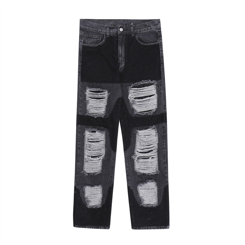 Men Jeans Stitching Ripped Leisure Wide Leg