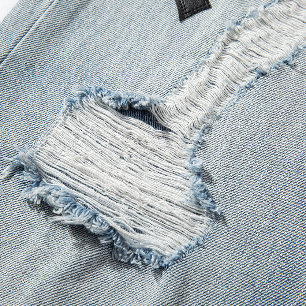 Men Jeans Cross Embroidery Ripped Distressed Loose