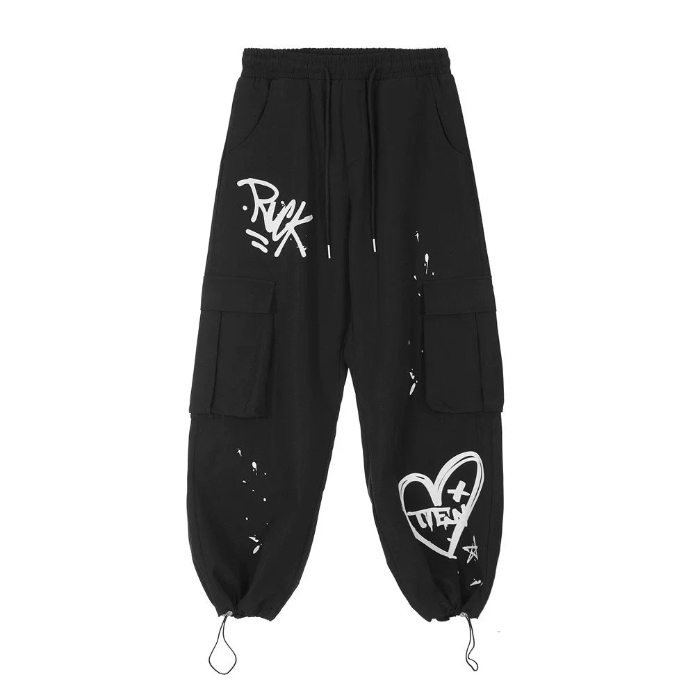 Men Sweatpants Casual Pants Men's Loose Love Splashed Ink Printing Sports Drawstring