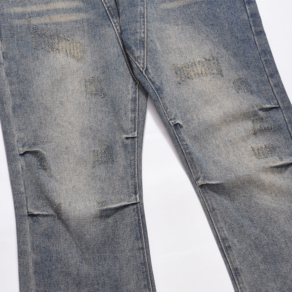 Men Jeans Ripped Distressed Pleated