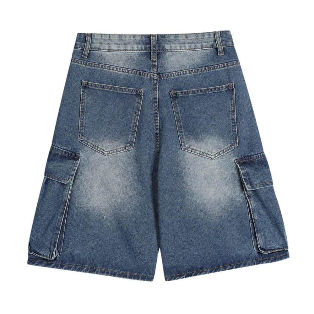 Men Shorts Workwear Denim Multi-Pocket Wash White