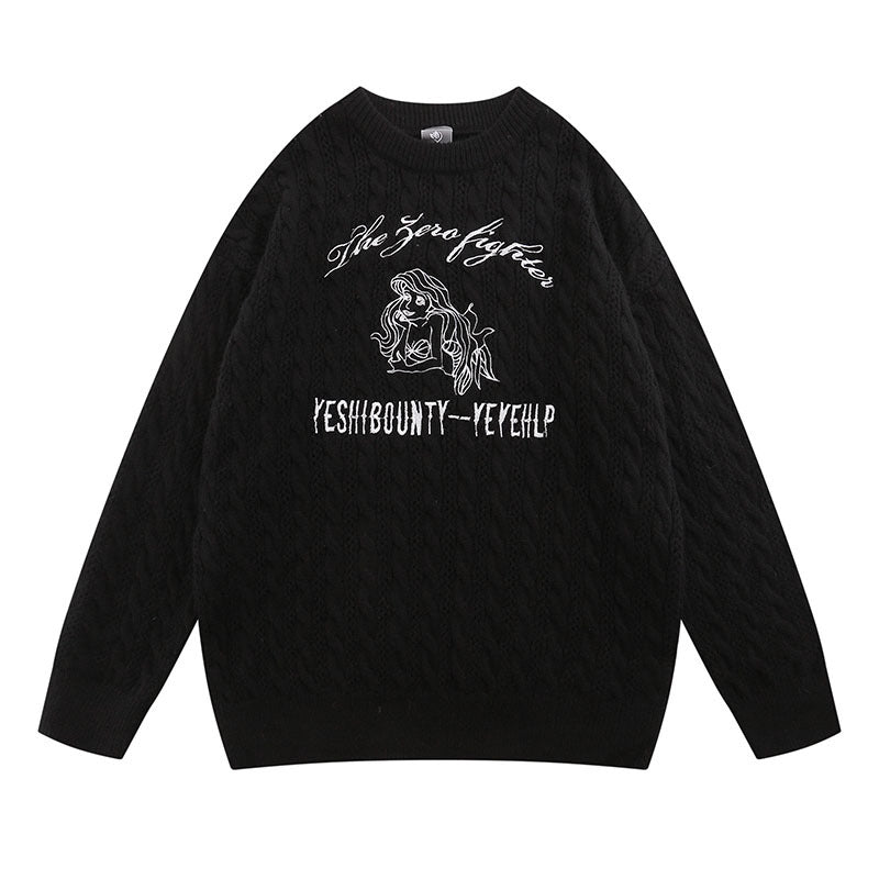 Women Sweater Cartoon round Neck Sweater College Style Loose Knitted Top