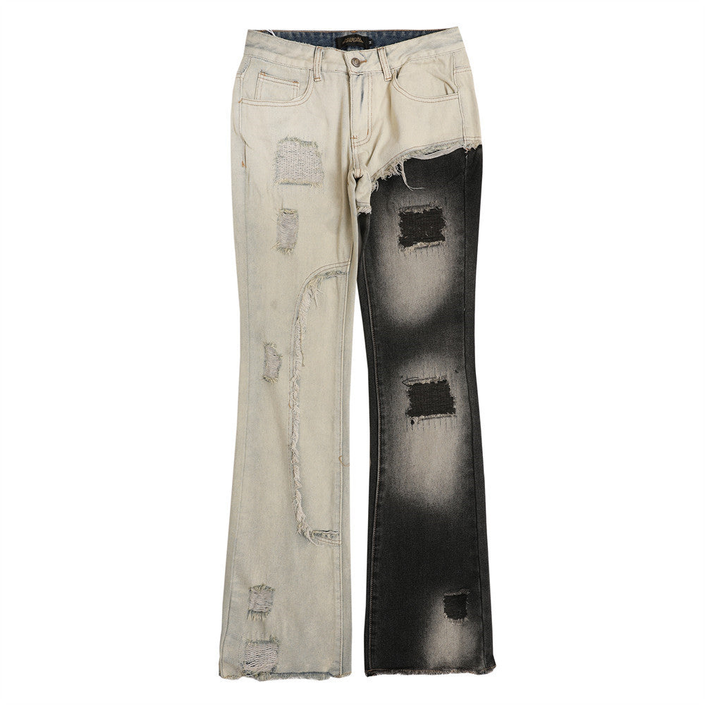 Women Pants Ripped Frayed Color Contrast Patchwork Jeans Trousers