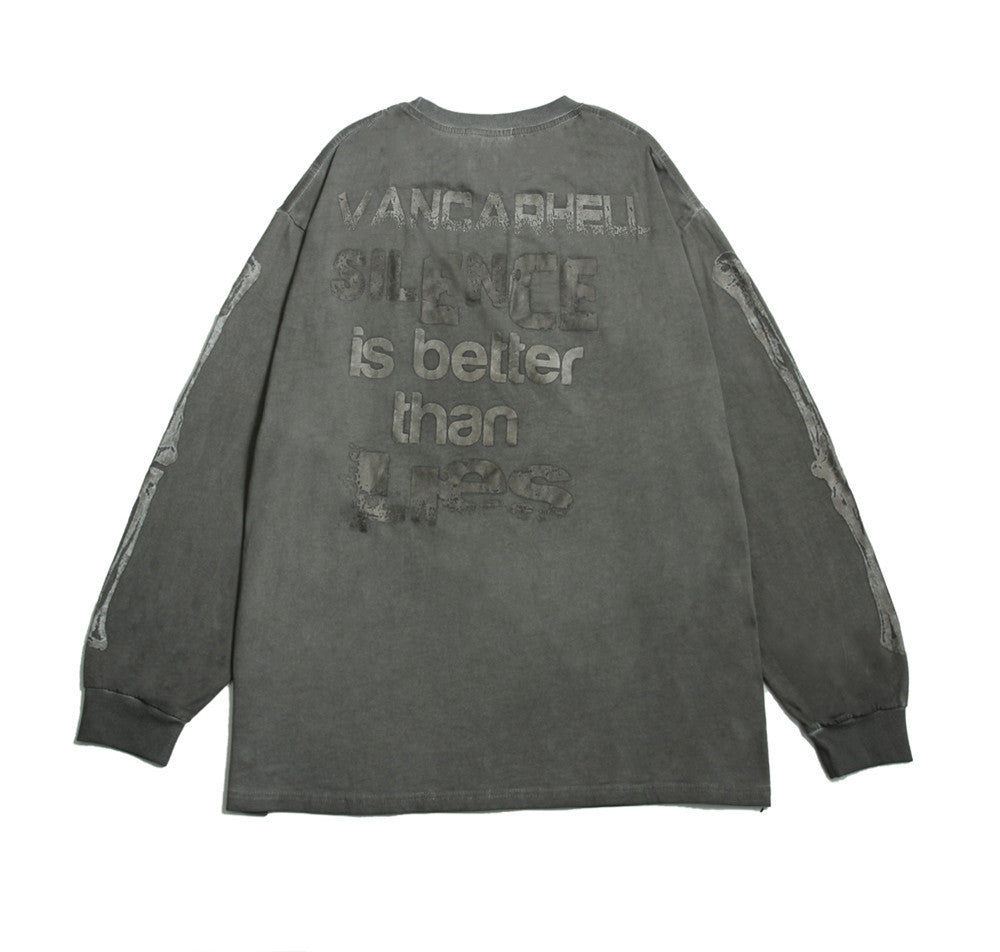 Men Long Sleeve T-Shirt Skeleton Pattern Distressed Loose