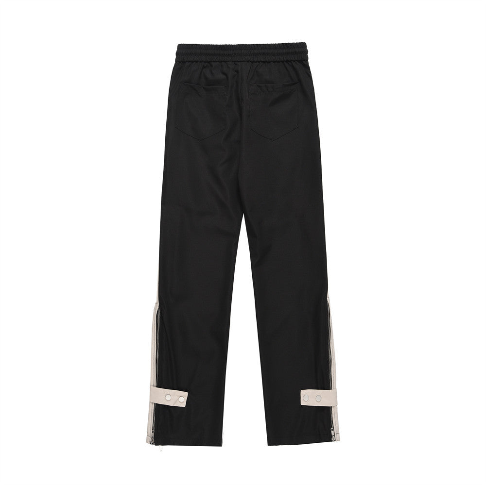 Men Sweatpants Patchwork Contrast Color Straight Casual Pants Elastic Waist Leg Zipper Loose Trousers