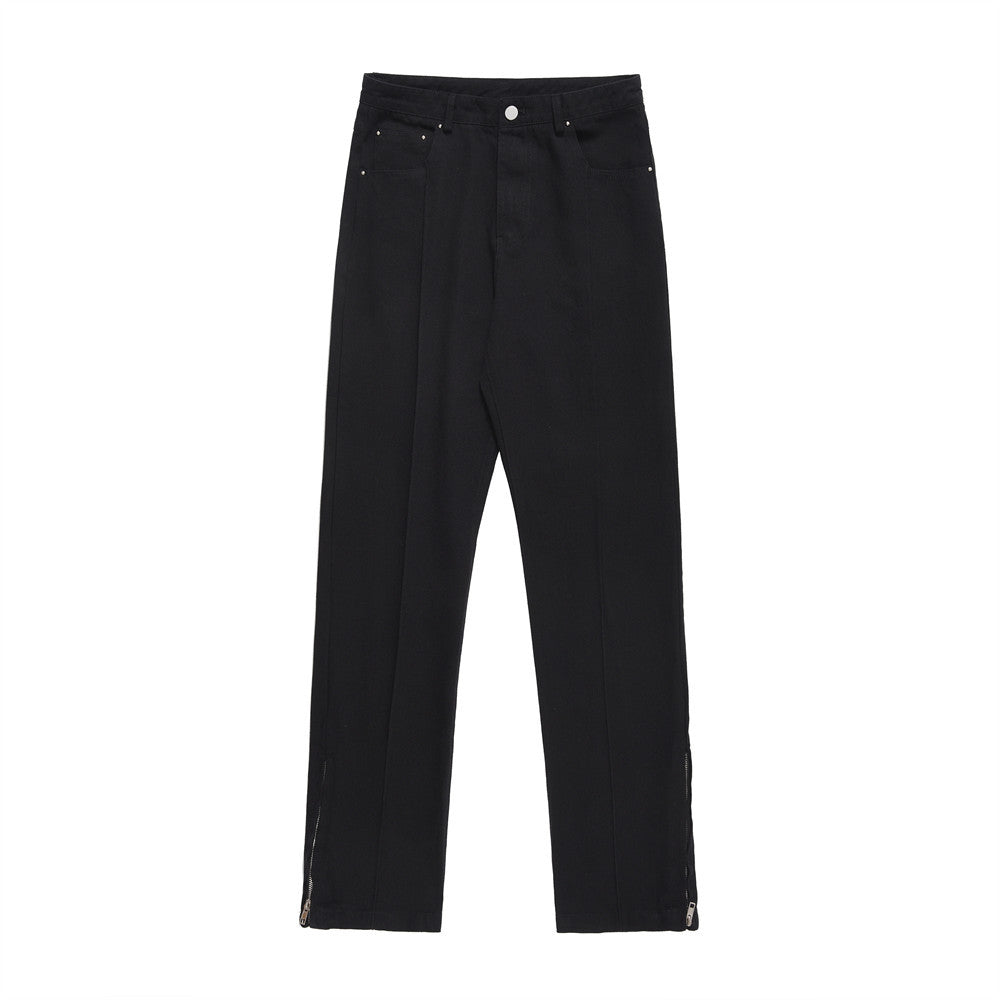 Men Sweatpants Leg Zipper Workwear Casual Pants Baggy Straight Trousers Solid Color Wide Leg Trousers