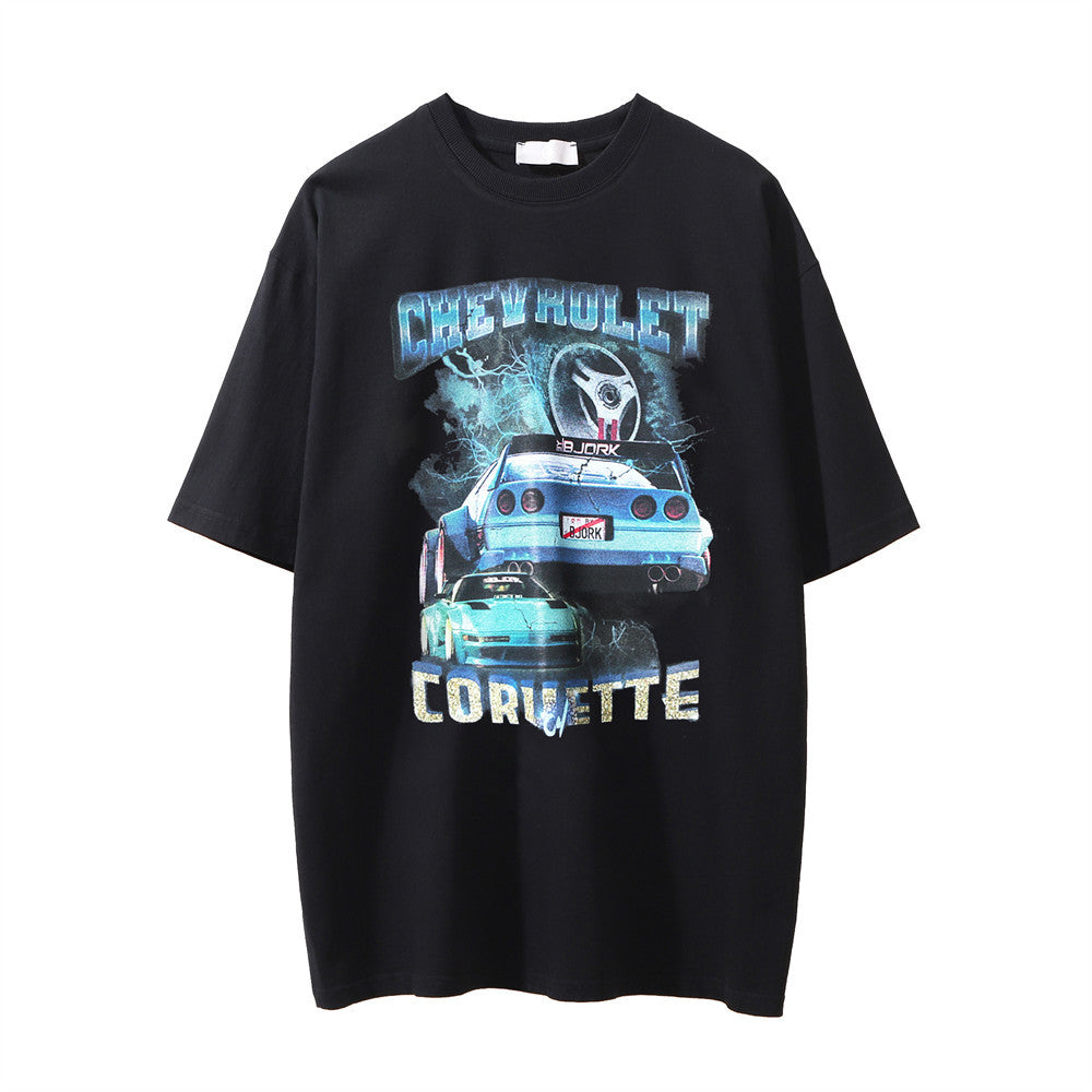 Men Vintage T-Shirt Printed Washed and Worn T-shirt Men's Loose Casual Short-Sleeved T-shirt