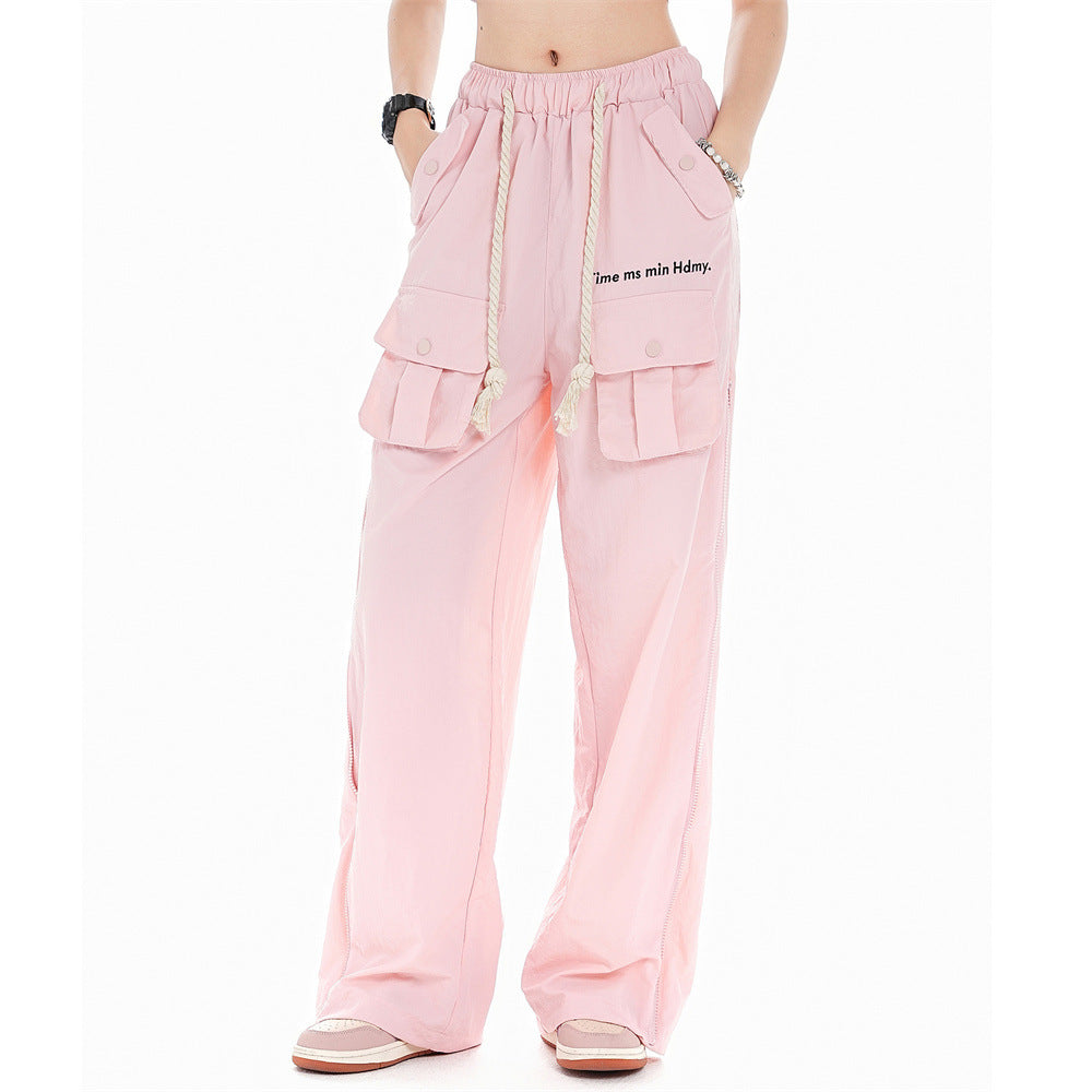 Men Sweatpants Multi-Pocket Workwear Casual Pants Zipper Stitching Loose-Fitting Wide-Leg Trousers