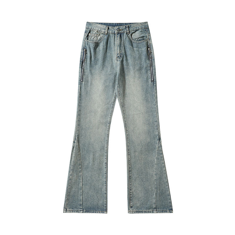 Men Jeans Retro Washed and Worn Ground White Slightly Flared Jeans