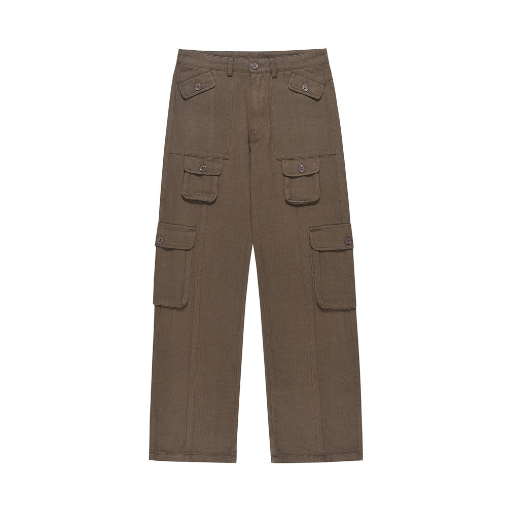Men Jeans Workwear Multi-Pocket Straight Loose Solid Color