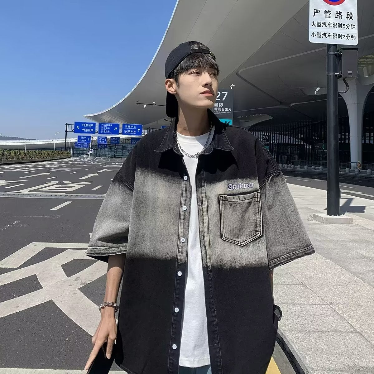 Men Shirts Gradient Color Denim Short Sleeve Shirt Summer