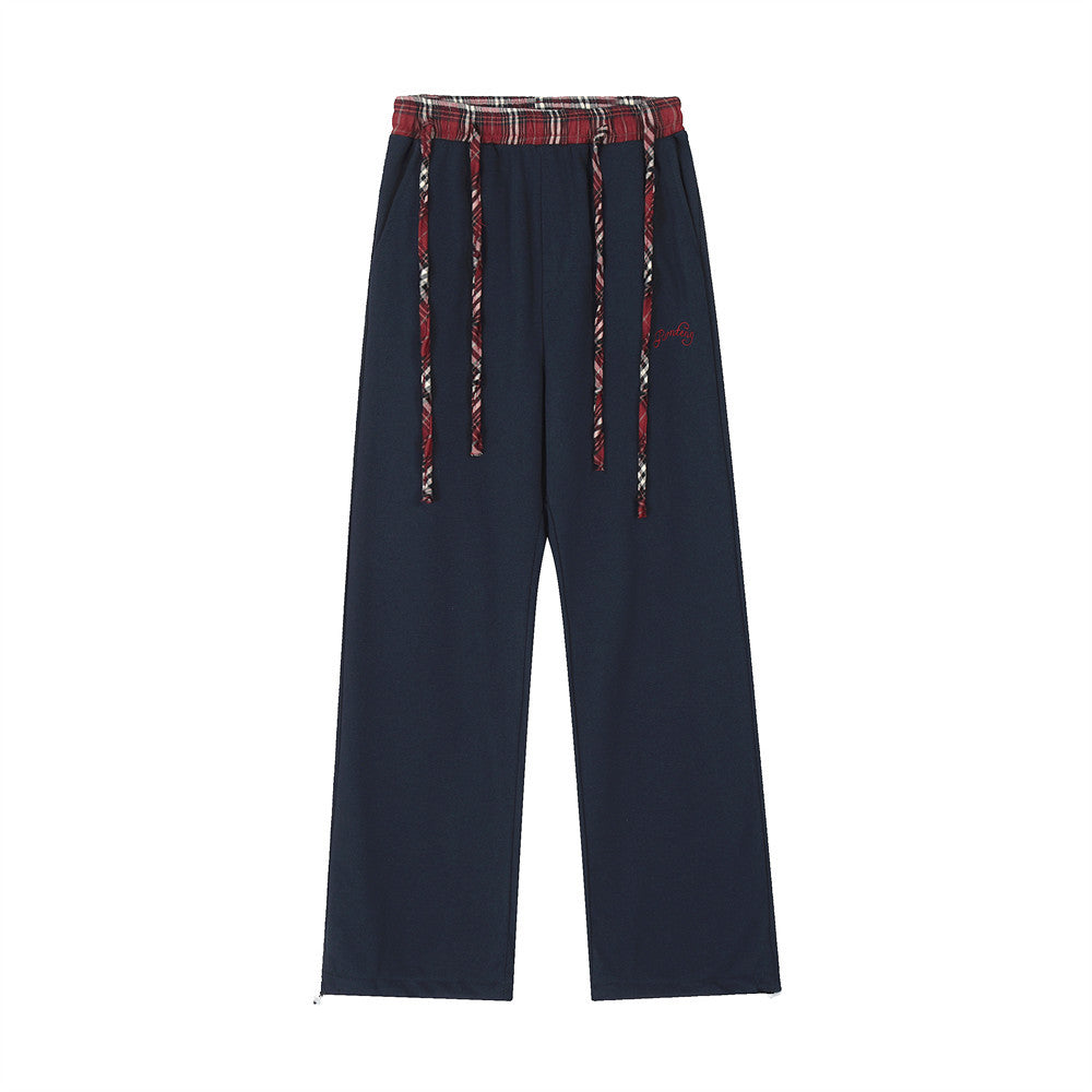 Men Sweatpants Straight Casual Pants Stitching Loose Long Sports Pants Elastic Waist Sports Drawstring Ankle Banded Pants