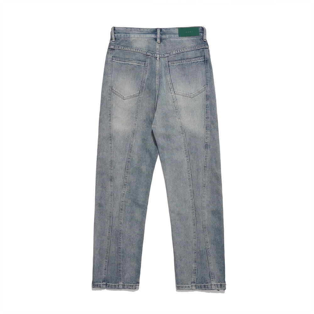 Men Jeans White Distressed Stitching Zipper Slit