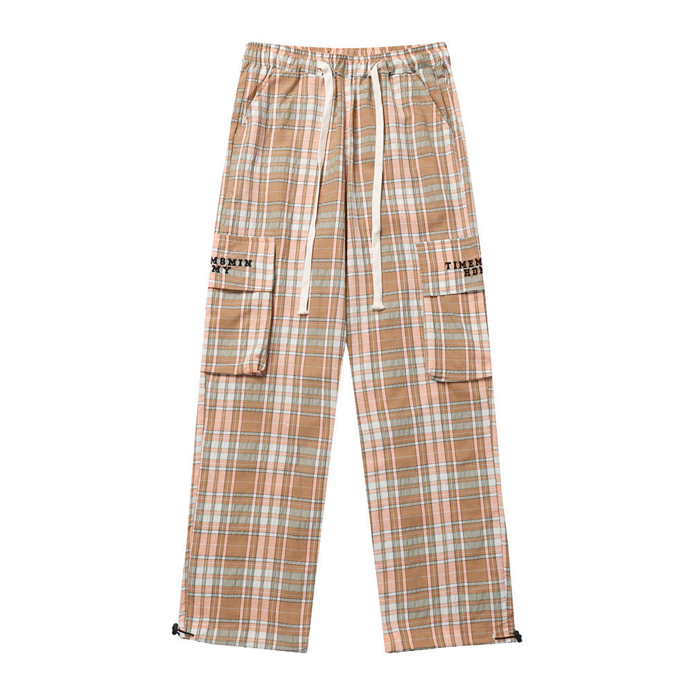 Men Sweatpants Plaid Casual Trousers Multi-Pocket Workwear Straight-Leg Pants