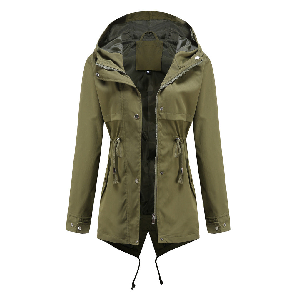 Women Trench Coat Mid-Length Hooded Jacket Long-Sleeved Raincoat