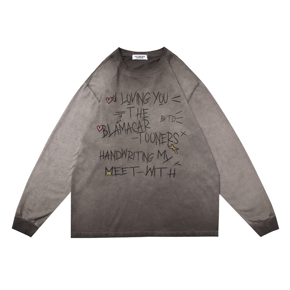 Men Long Sleeve T-Shirt Inkjet Gradient Tie-Dye Distressed Loose Casual