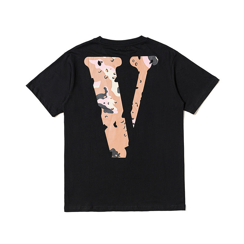Vlone T Shirts Desert Camouflage Large V Printed Short Sleeve T-shirt Men and Women Couple Loose Hip Hop Half Sleeve