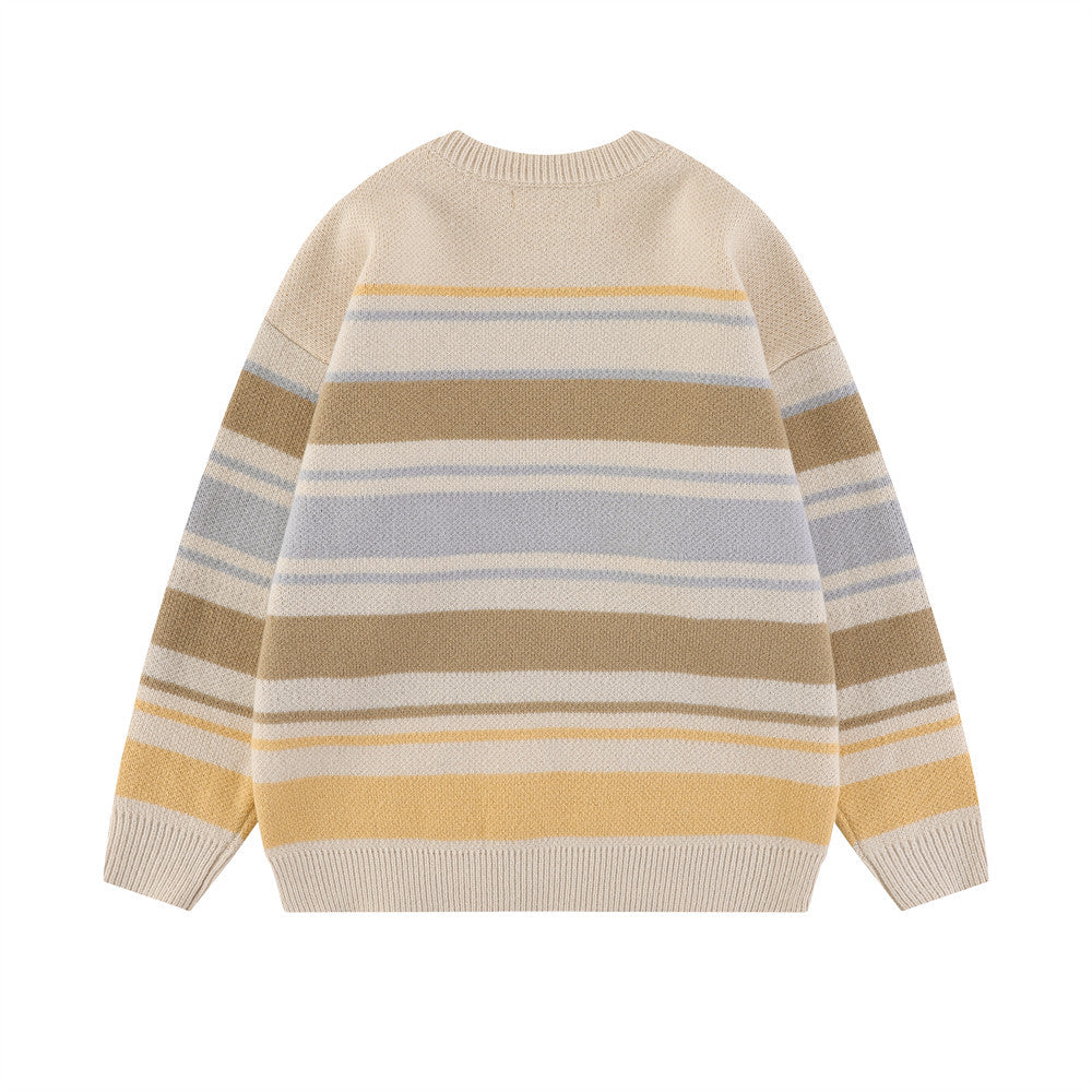 Men Sweater Striped round Neck Sweater Loose