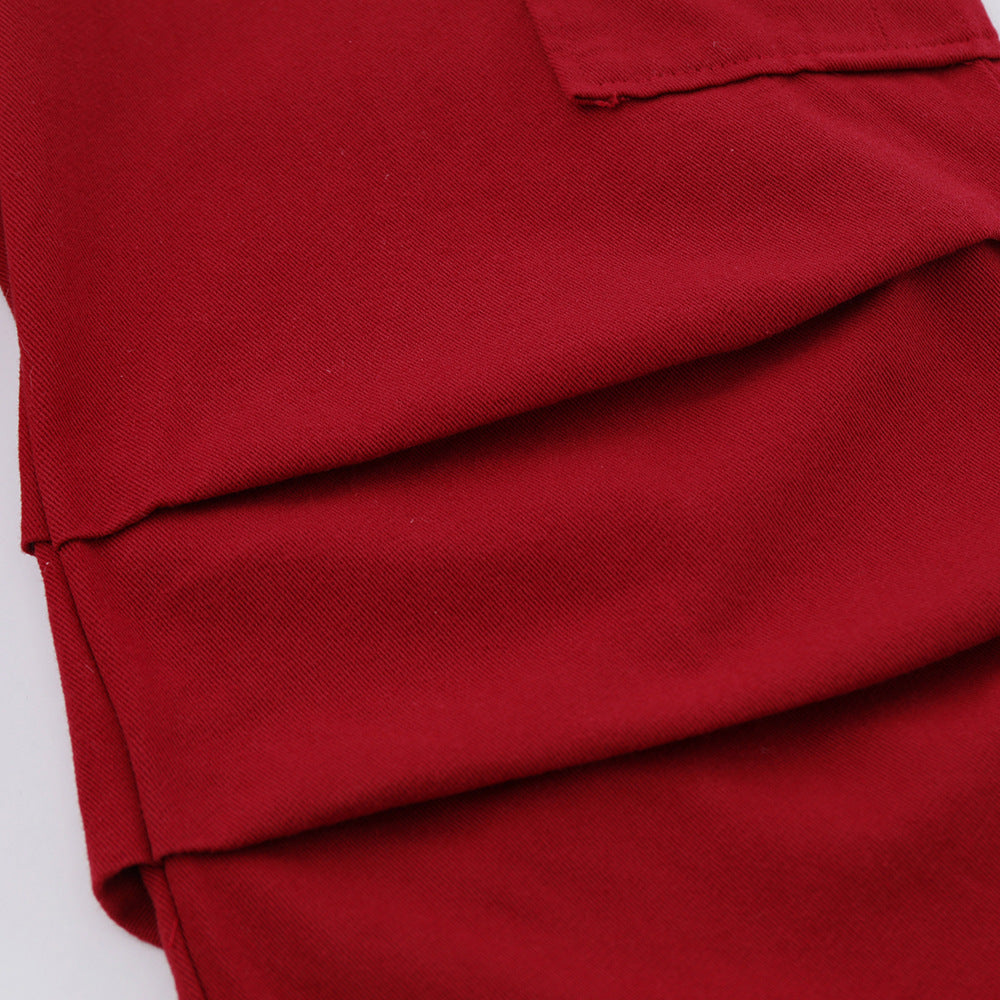 Men Sweatpants Pleated Wide Leg Straight Casual Trousers Multi-Pocket Pants