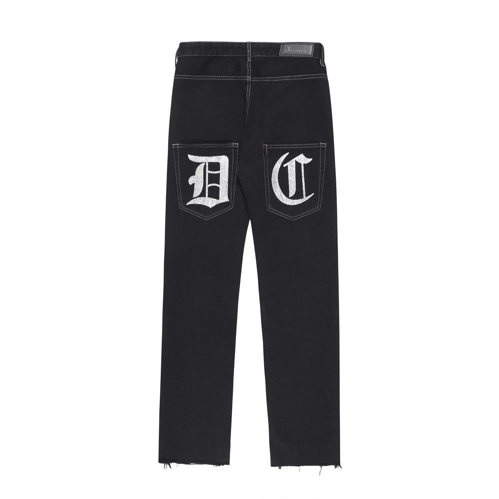 Men Jeans Hip Hop Print Baggy Pants Foot Burr