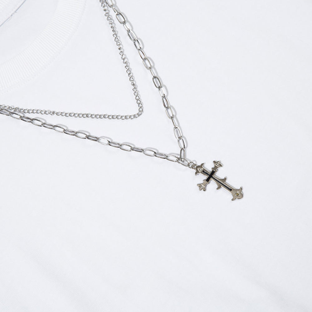 Men Long Sleeve T-Shirt Cut Broken Stitching Fake Two-Piece Personalized Necklace