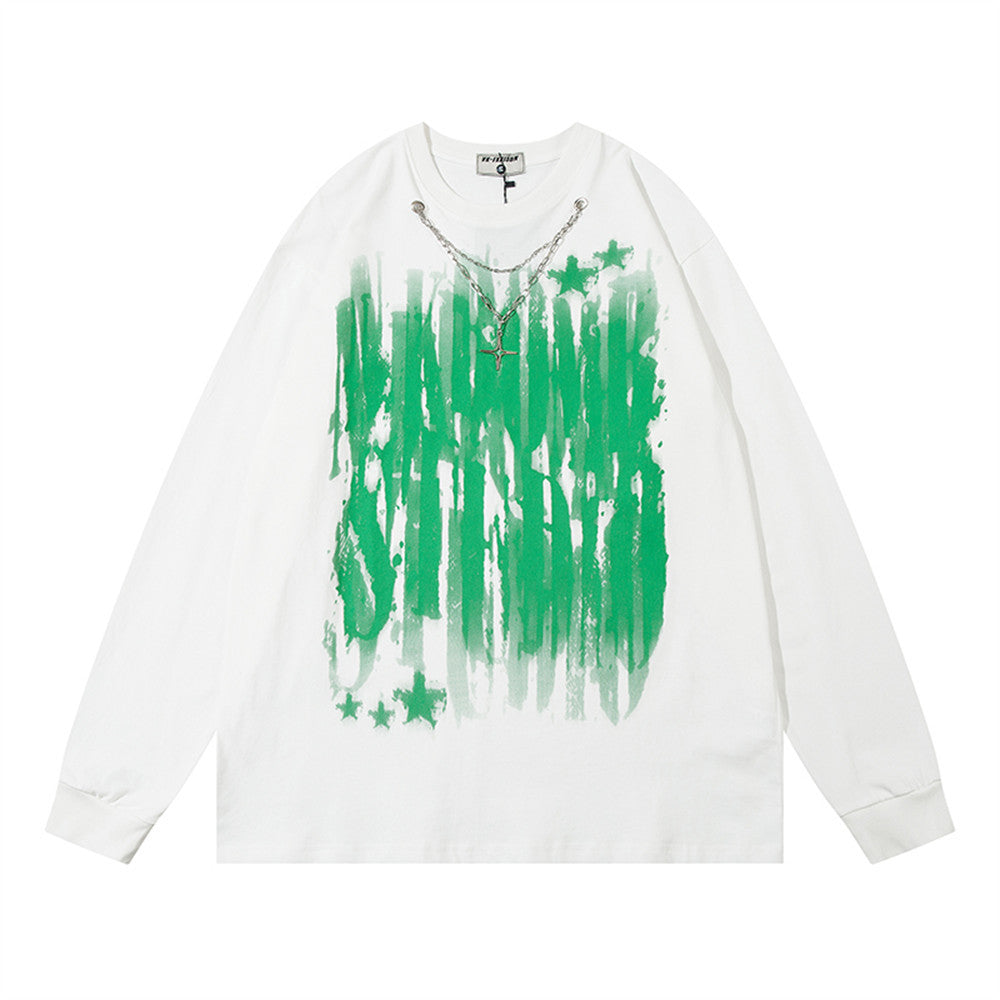 Men Long Sleeve T-shirt Graffiti Printing Chain Decoration
