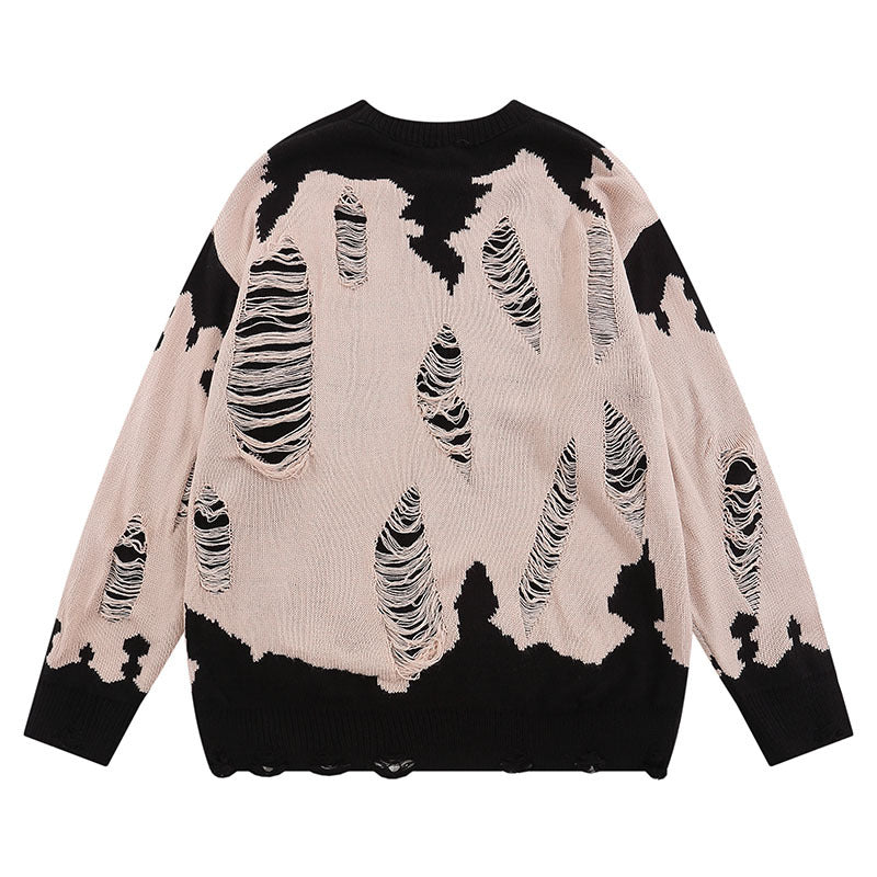 Women Sweater Retro Tattered Jeans Contrast Color Knitted Sweater