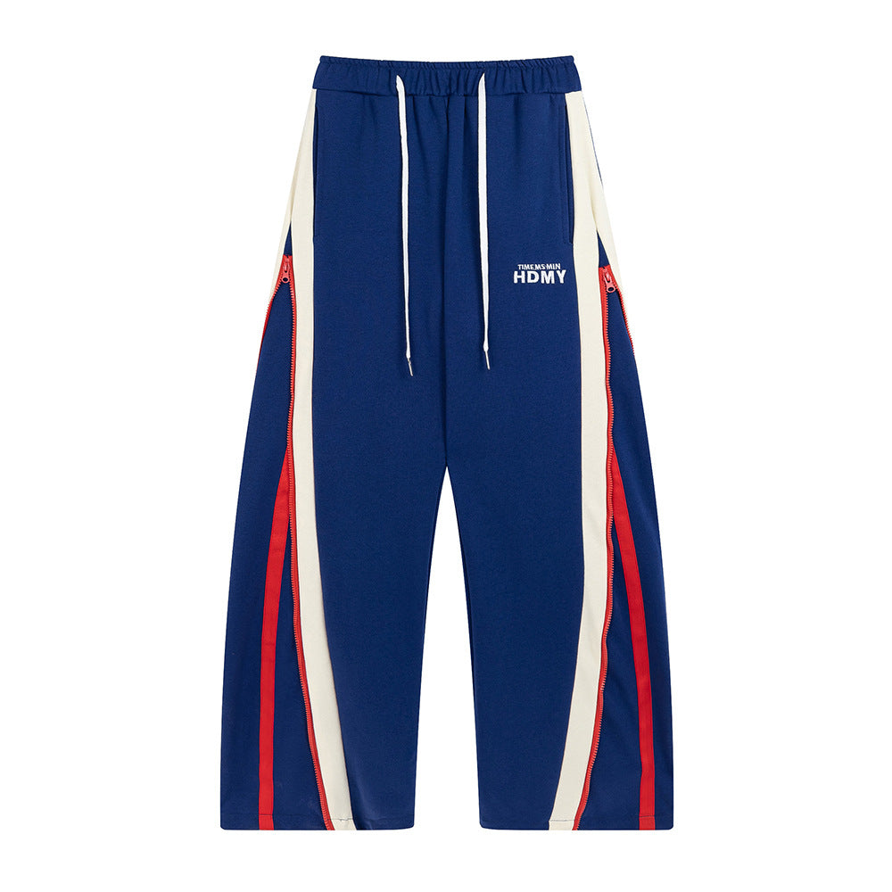 Men Sweatpants Casual Straight-Leg Sweatpants Zipper Color Contrast Patchwork Wide Leg Pants Sports Pants