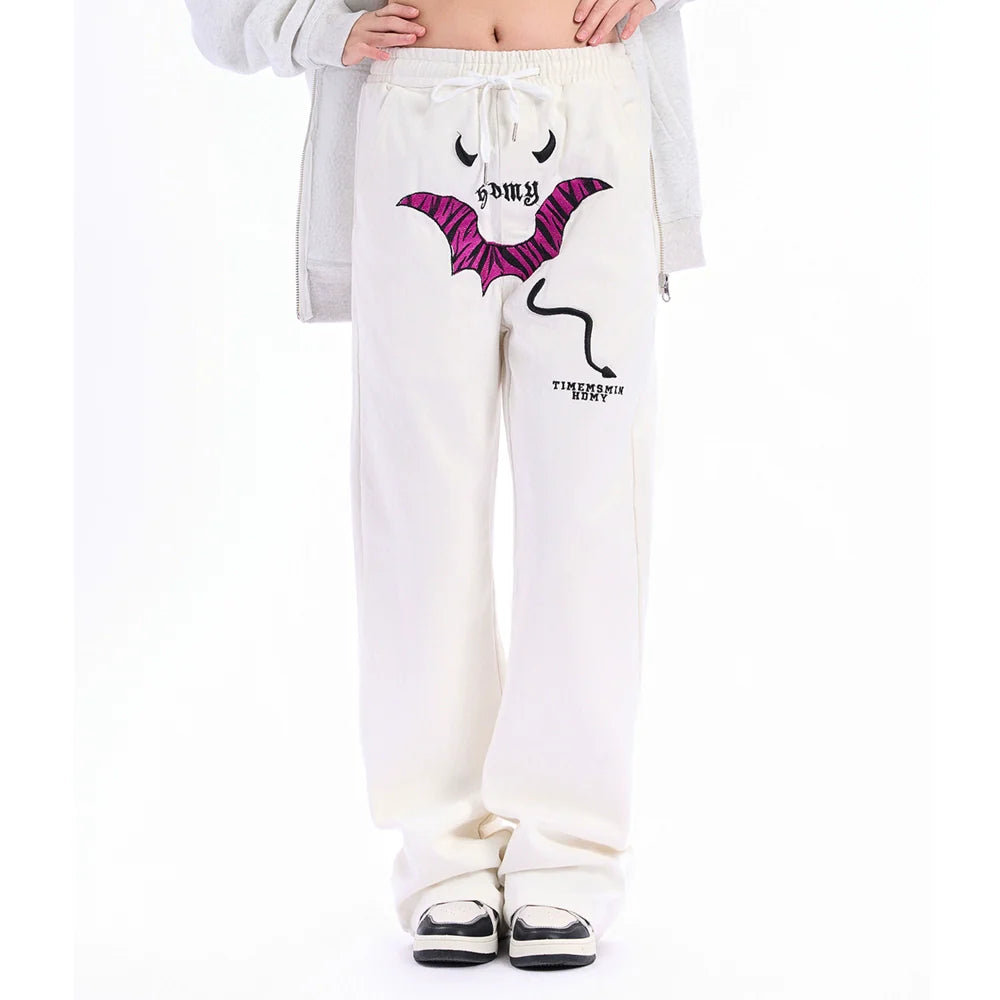 Men Sweatpants Personalized Embroidered Devil Horn Straight Casual Trousers Hip Hop Diagonal Cloth Jeans