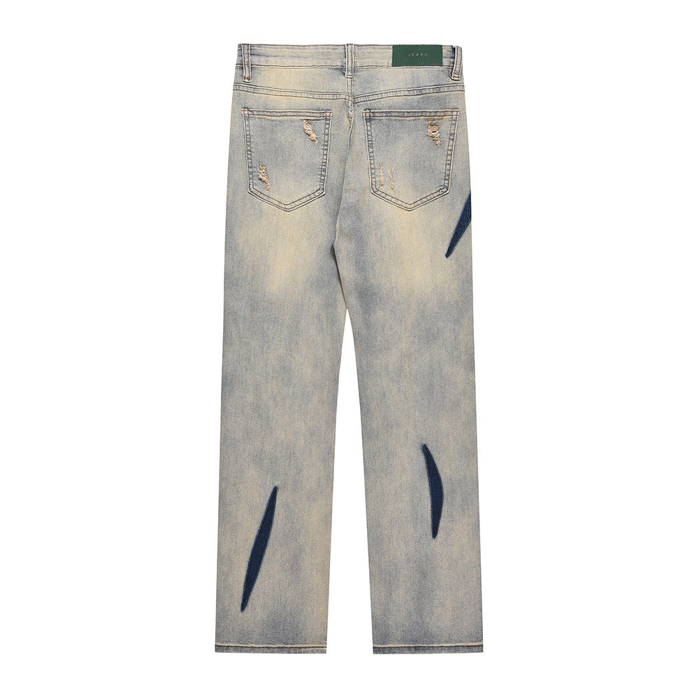 Men Jeans Color Matching Stitching Ripped Jeans Men's High Street Hip Hop Vintage Loose Wash Distressed Straight Long Pants