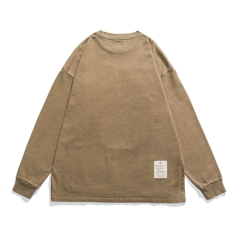 Men Long Sleeve T-Shirt Heavy Distressed Double Bag Decoration