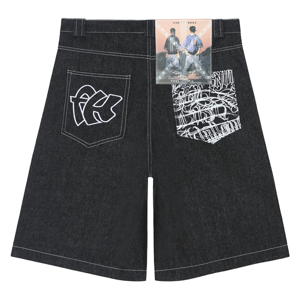 Men Shorts Printed Straight Denim Shorts Loose