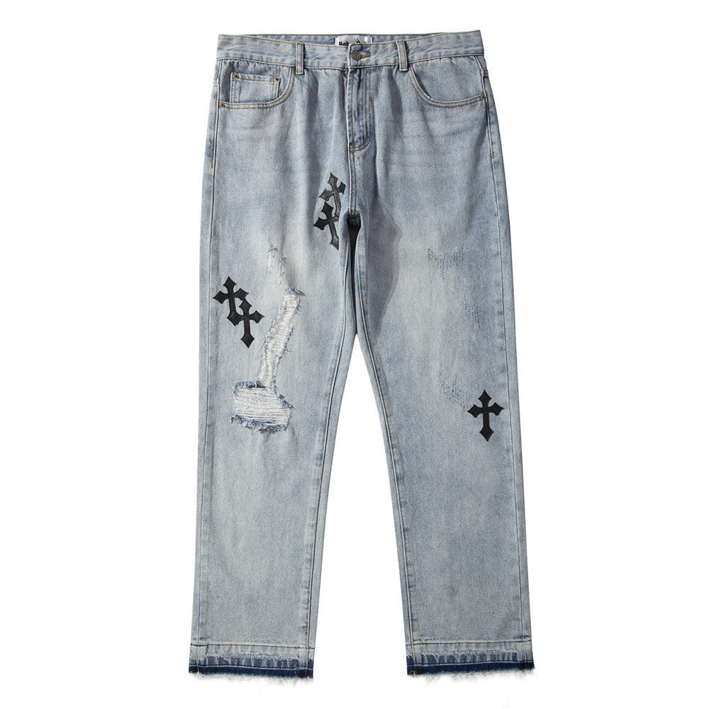 Men Jeans Cross Embroidery Ripped Distressed Loose