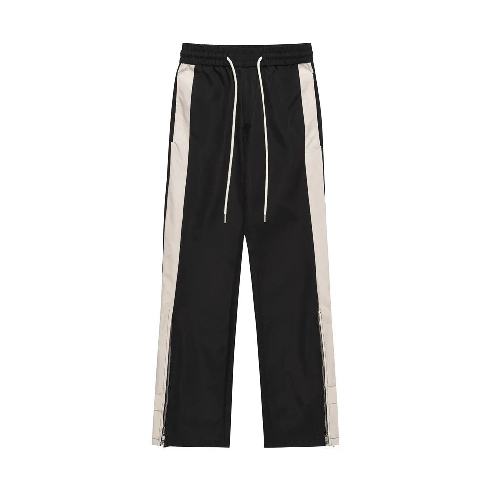 Men Sweatpants Patchwork Contrast Color Straight Casual Pants Elastic Waist Leg Zipper Loose Trousers