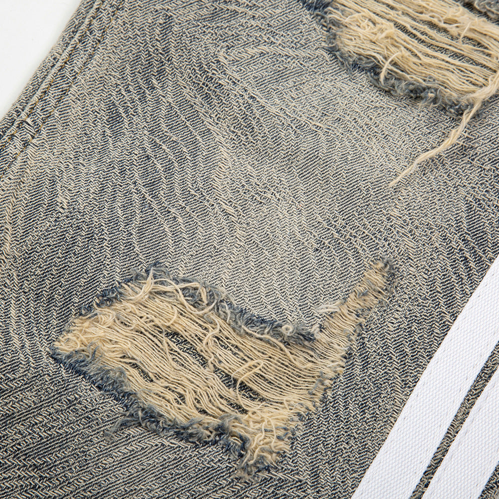Men Jeans Make Old Ripped Side Stripes