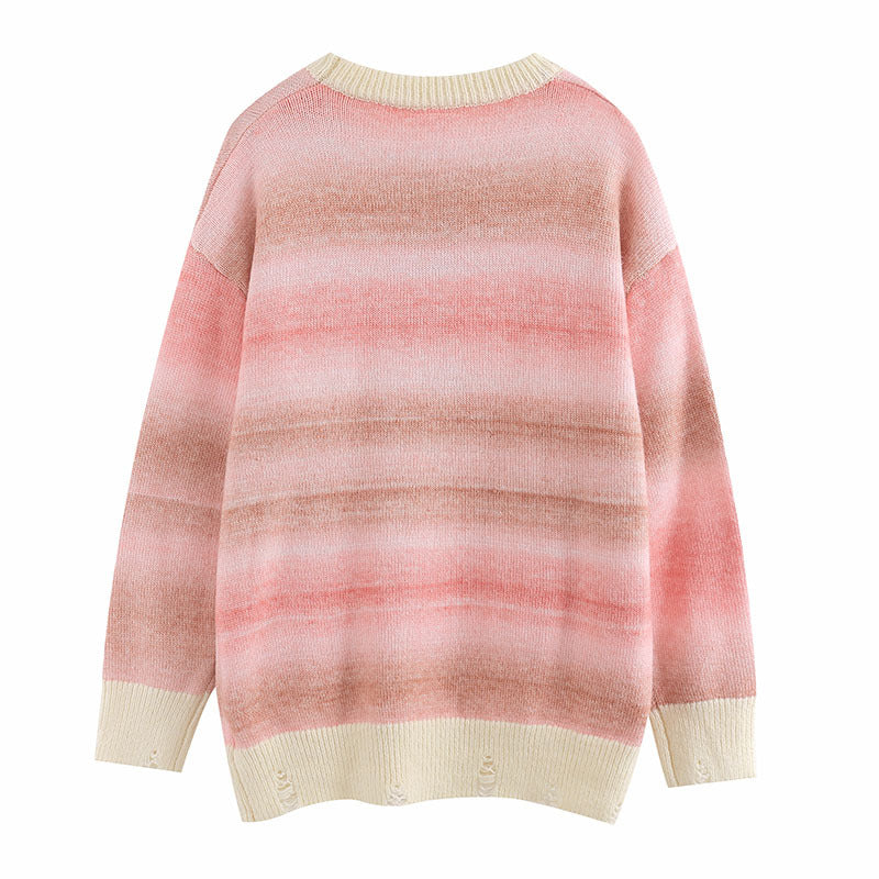 Women Sweater Gradient Color Striped Knitted All-Matching Sweater