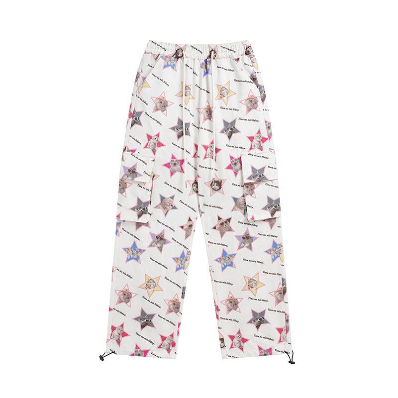 Cargo Pants Summer Cat Full Printed Drawstring