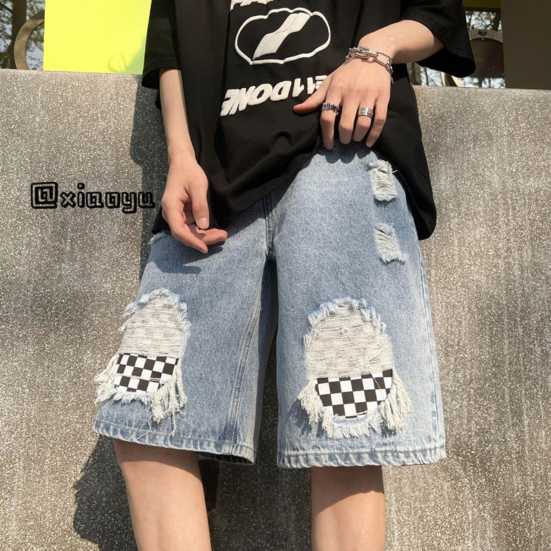 Men Jeans Ripped Checkerboard Plaid Denim Shorts
