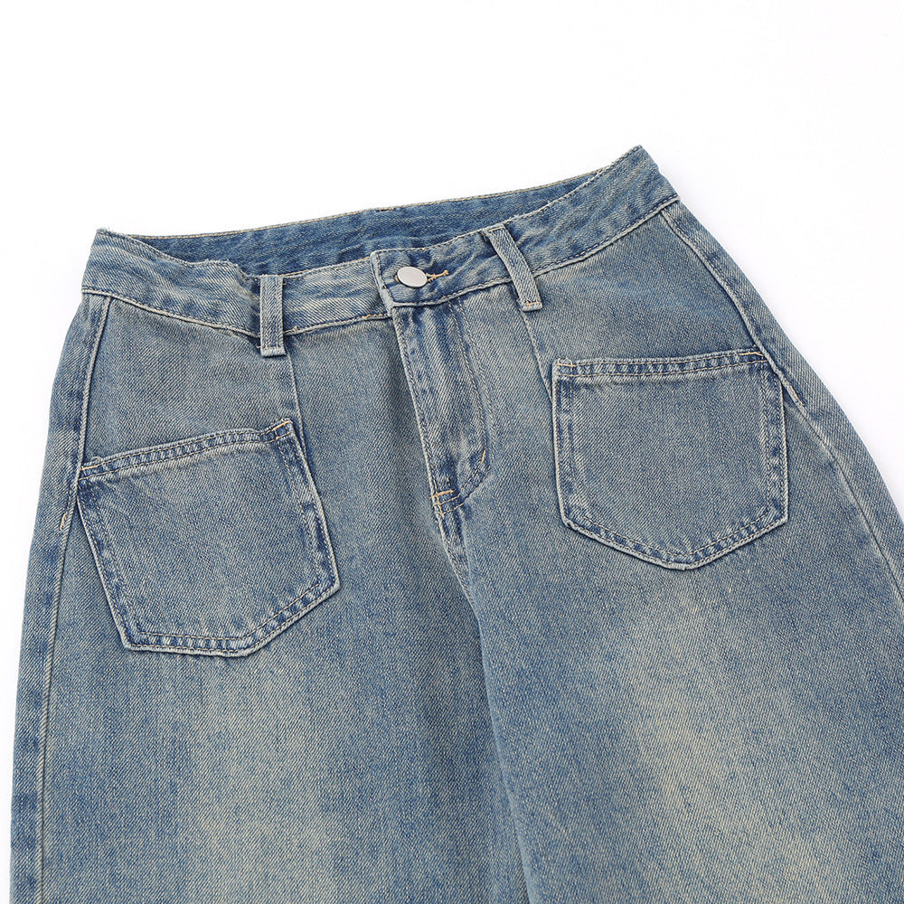 Women Pants Washed Jeans Straight-Leg Pants Loose-Fitting Wide-Leg Trousers