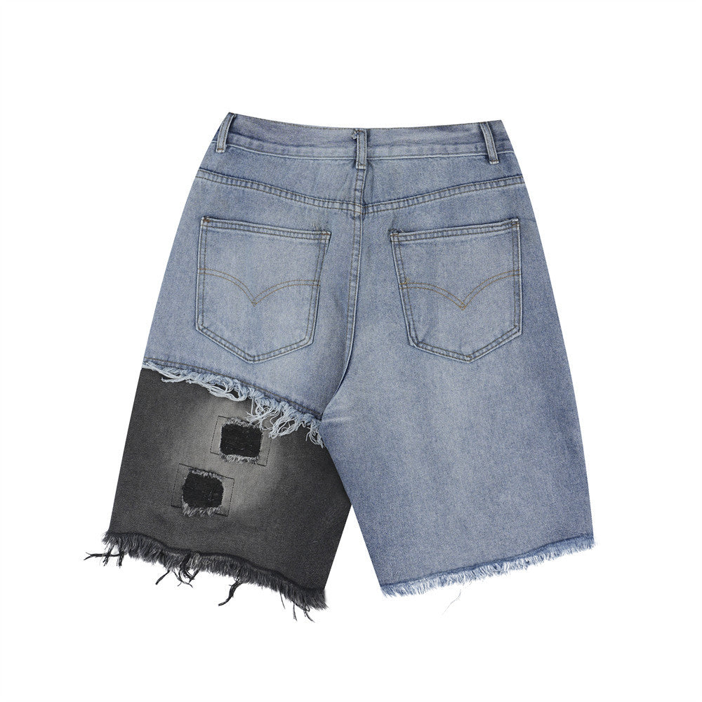 Men Shorts Patchwork Patch Ripped Denim Shorts