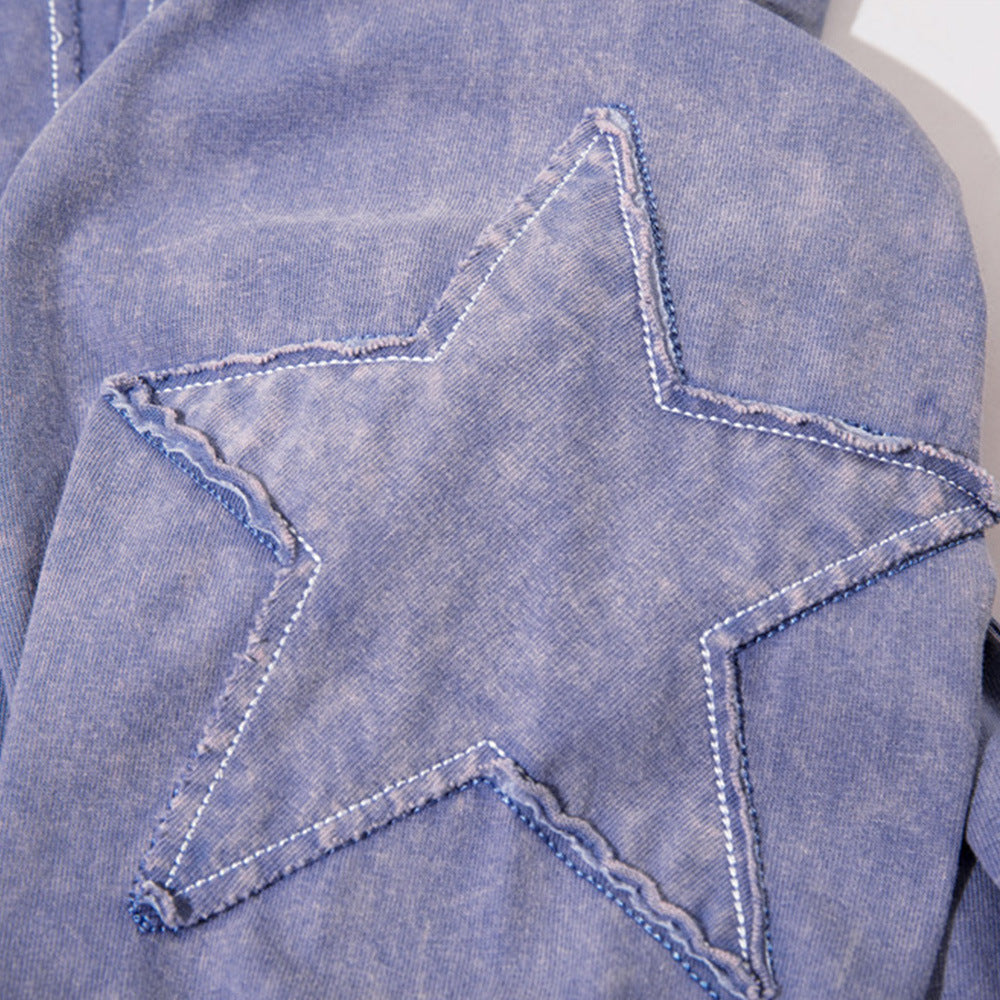 Men Long Sleeve T-Shirt Old Washing Water Paste Cloth Embroidery Five-Pointed Star