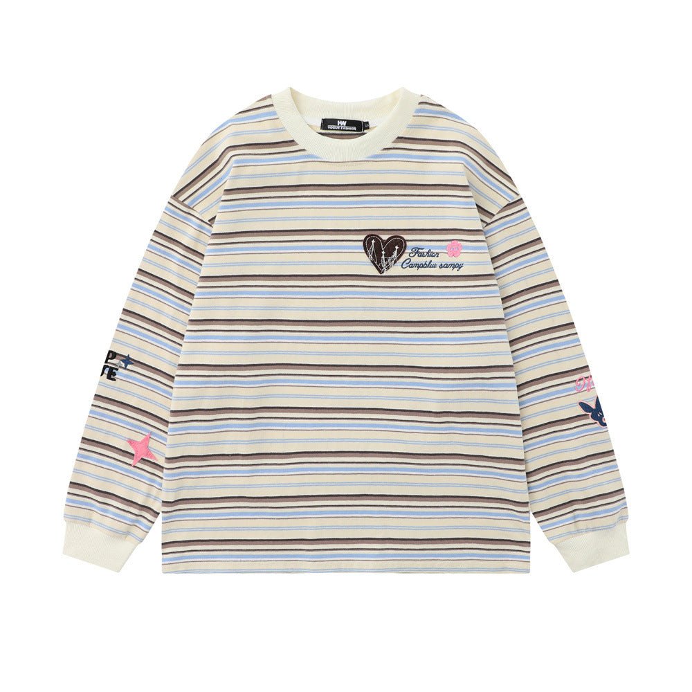 Men Long Sleeve T-Shirt Striped Embroidery