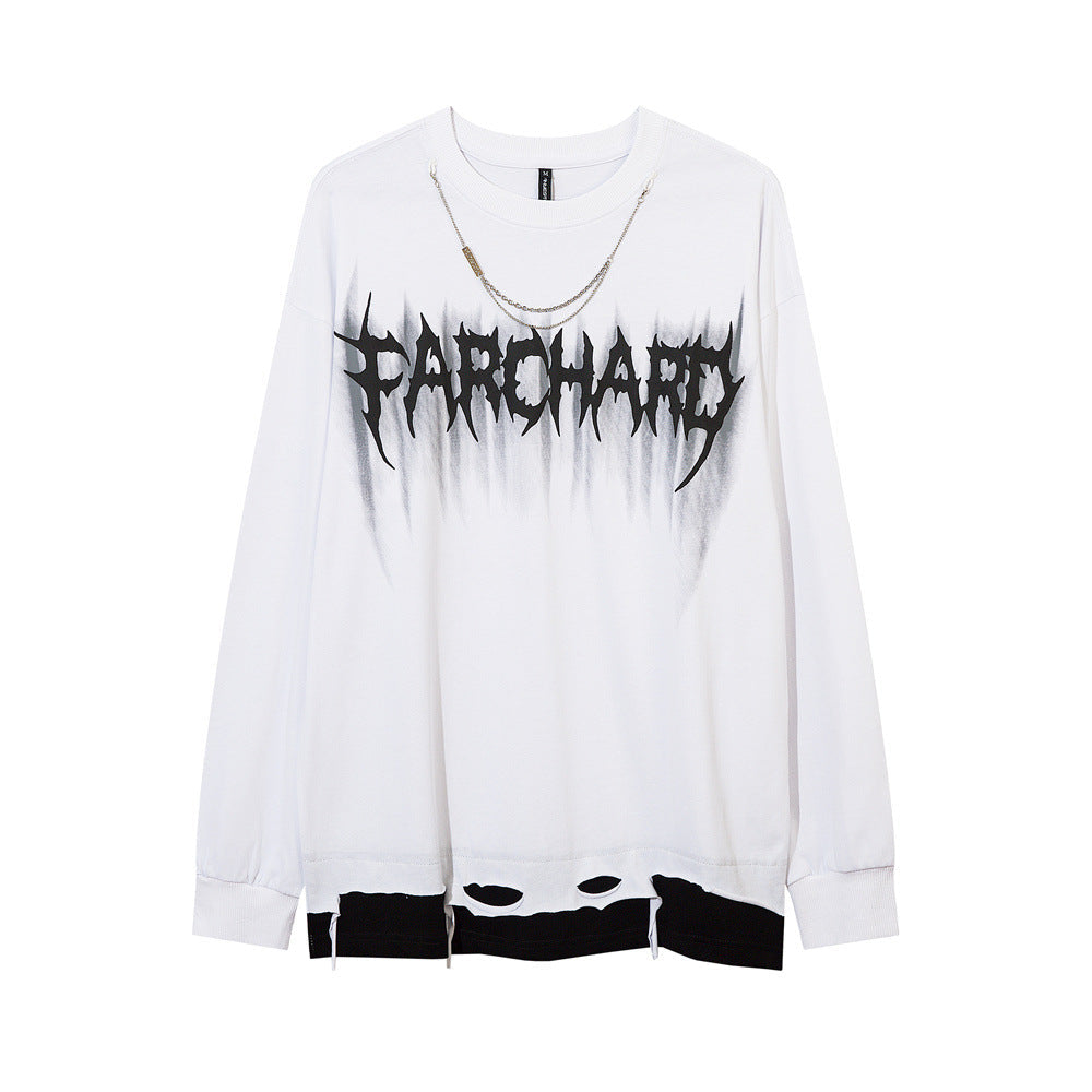 Men Long Sleeve T-Shirt Cut Ripped Necklace Decoration Fake Two Pieces