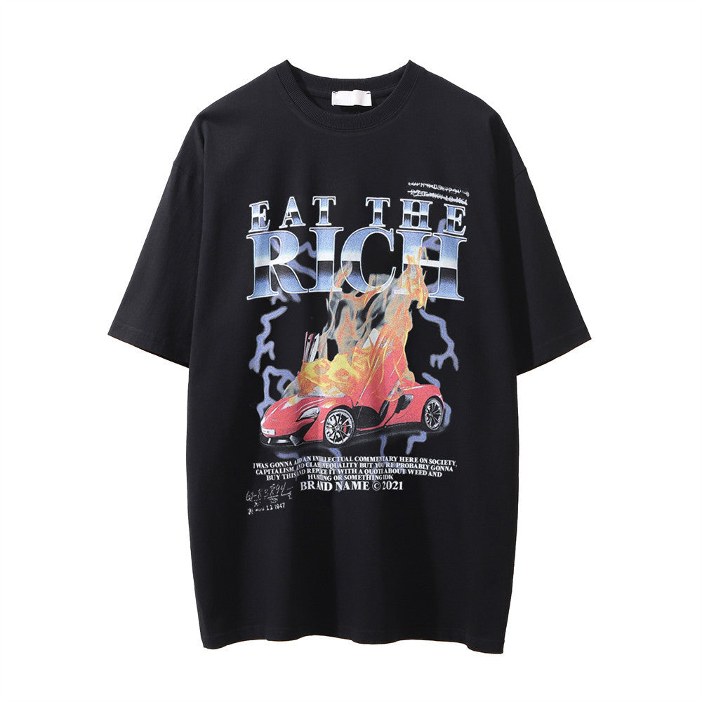 Men Vintage T-Shirt Printed Washed Distressed Short-Sleeved T-shirt Men's Summer Loose round Neck