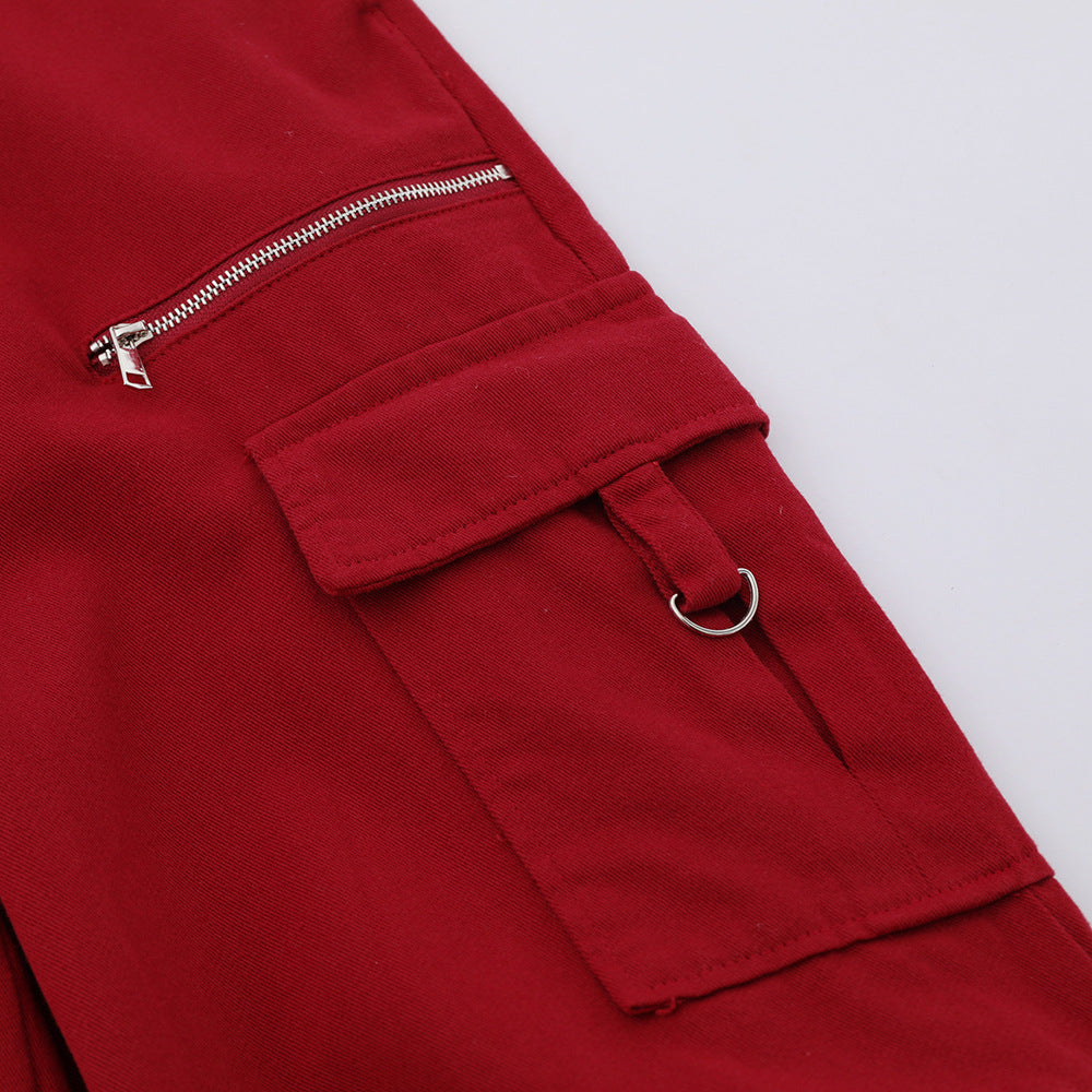 Men Sweatpants Pleated Wide Leg Straight Casual Trousers Multi-Pocket Pants