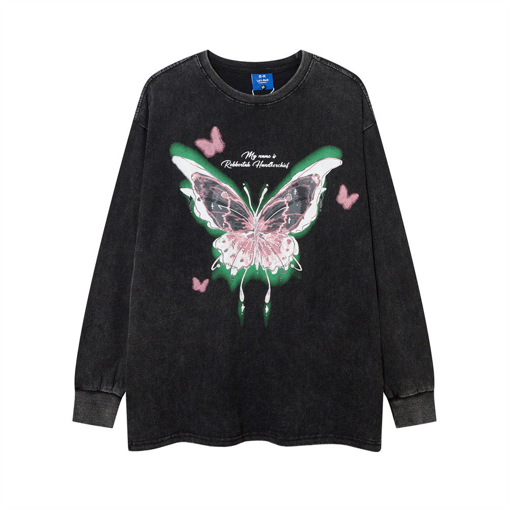Men Long Sleeve T-Shirt Butterfly Print Distressed and Dirty